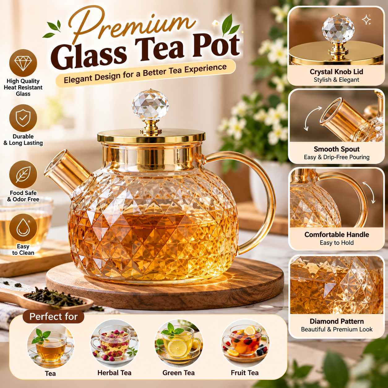 Heat Resistant Glass Teapot With Bamboo Lid – Diamond Pattern