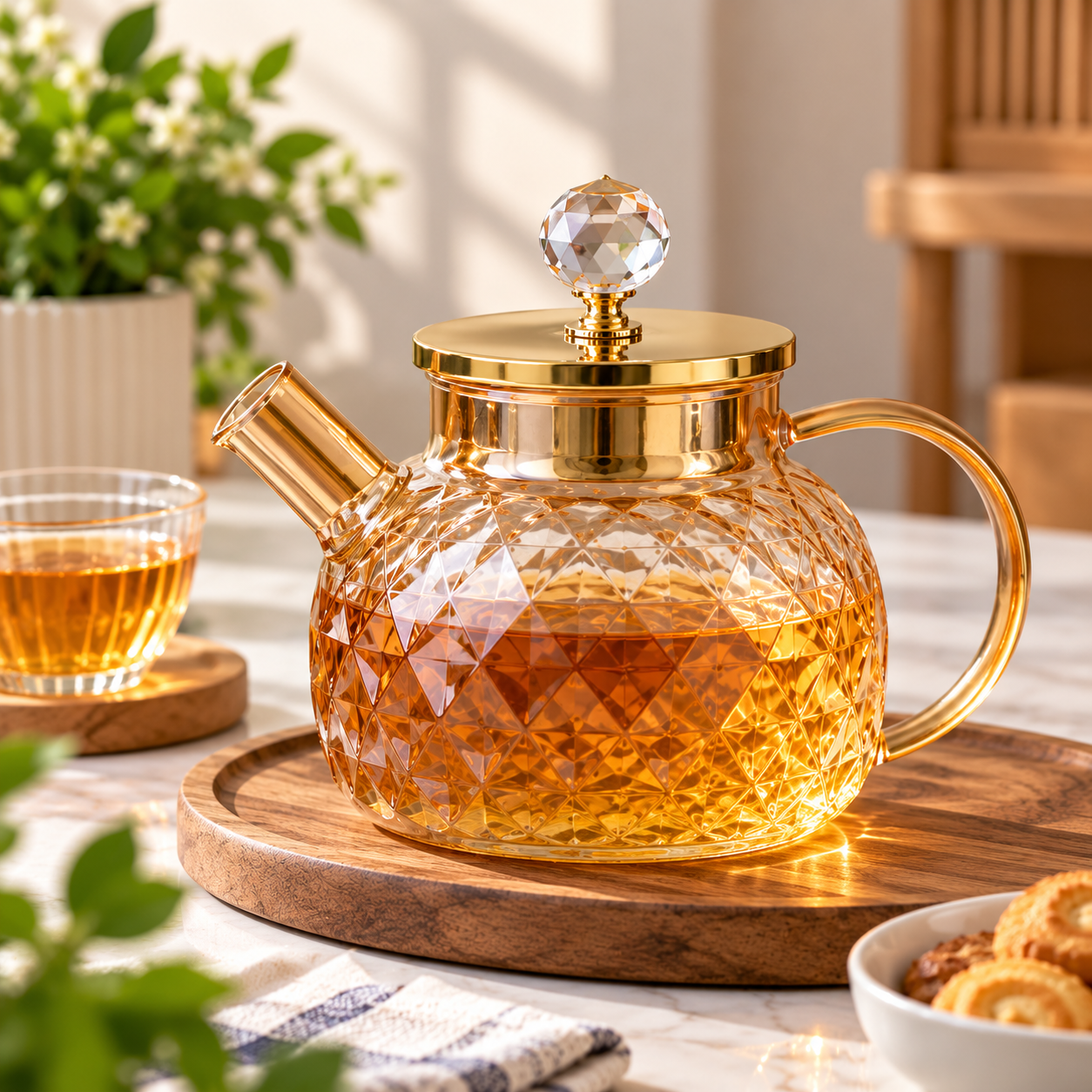 Heat Resistant Glass Teapot With Bamboo Lid – Diamond Pattern