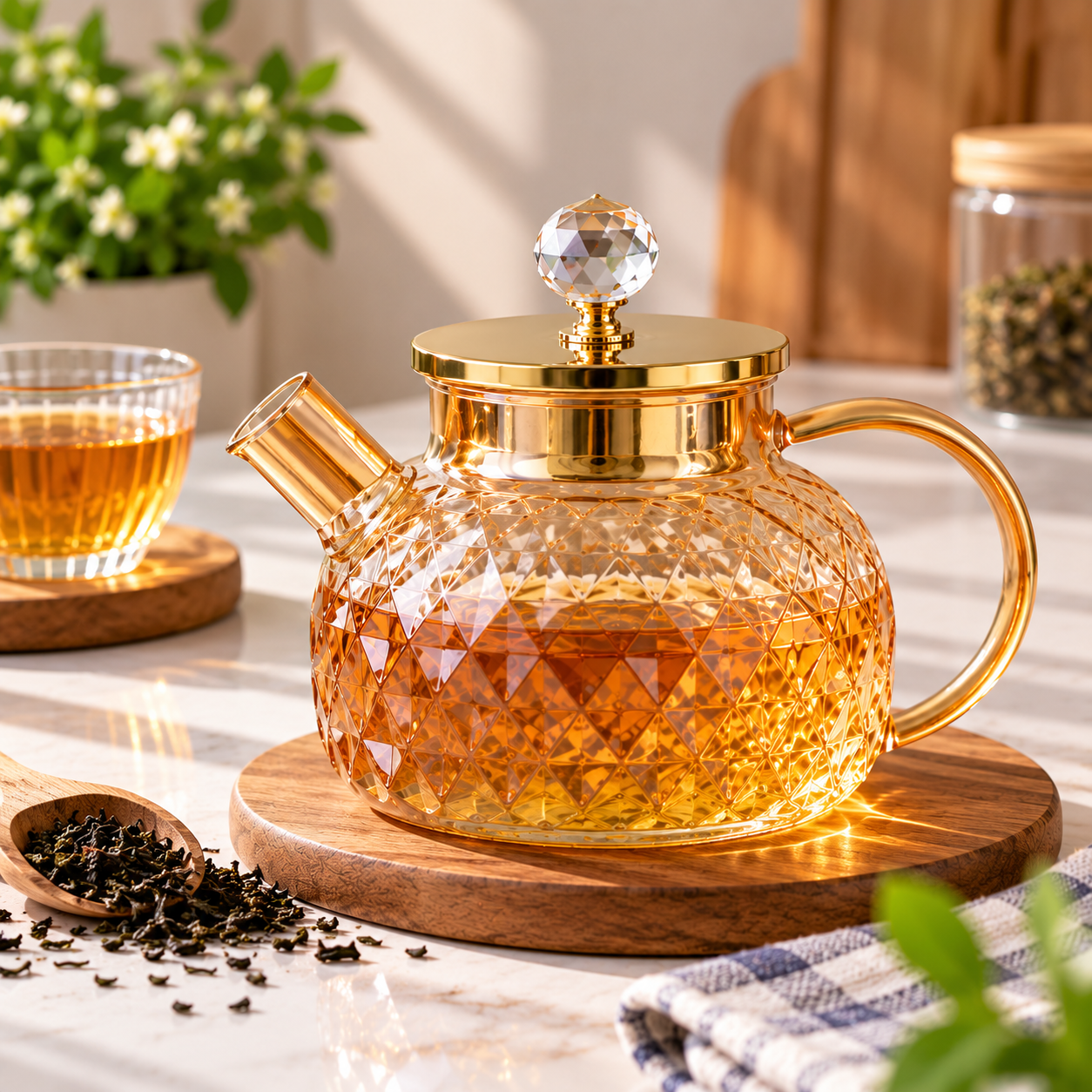 Heat Resistant Glass Teapot With Bamboo Lid – Diamond Pattern