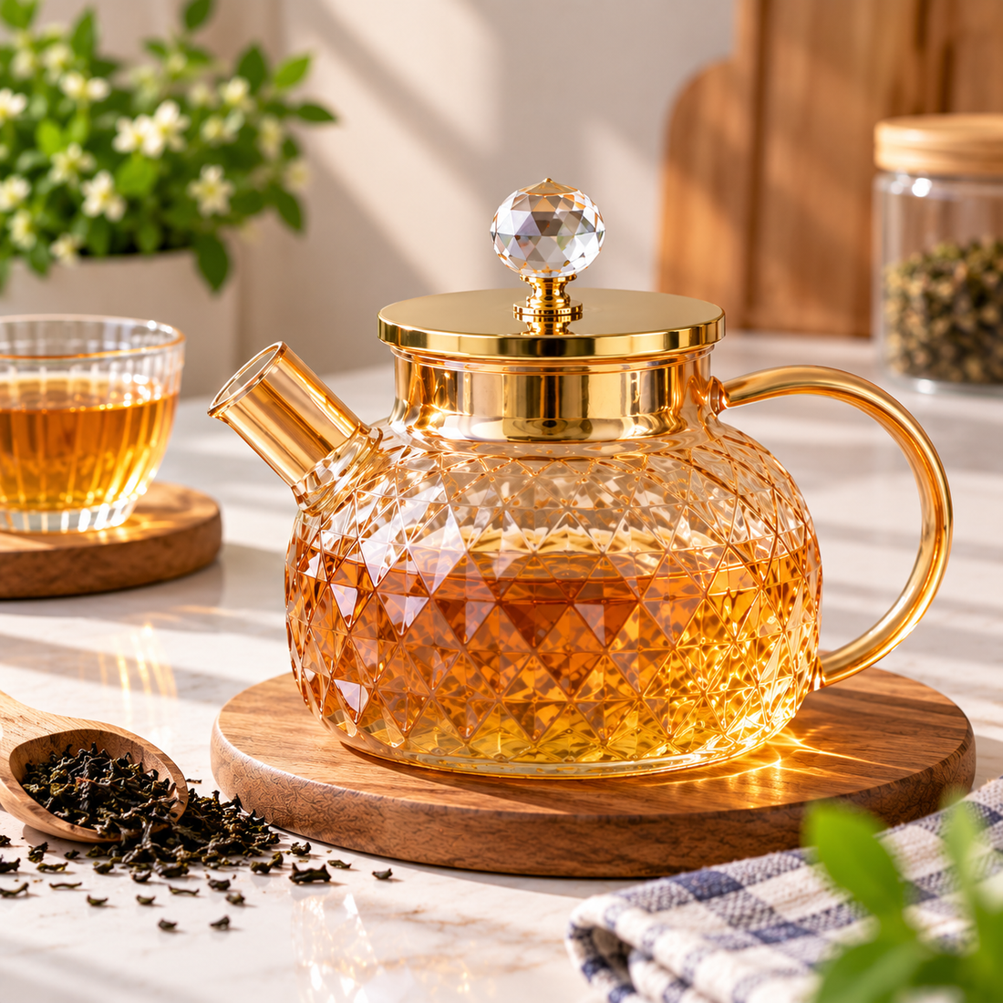 Heat Resistant Glass Teapot With Bamboo Lid – Diamond Pattern