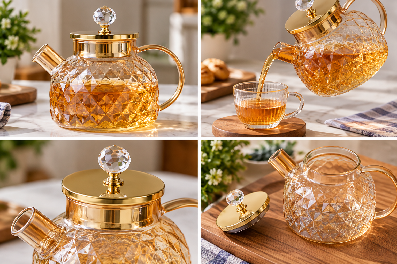 Heat Resistant Glass Teapot With Bamboo Lid – Diamond Pattern