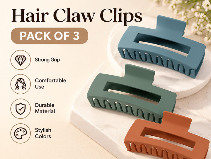 Three matte hair claw clips in assorted colors with product feature styling