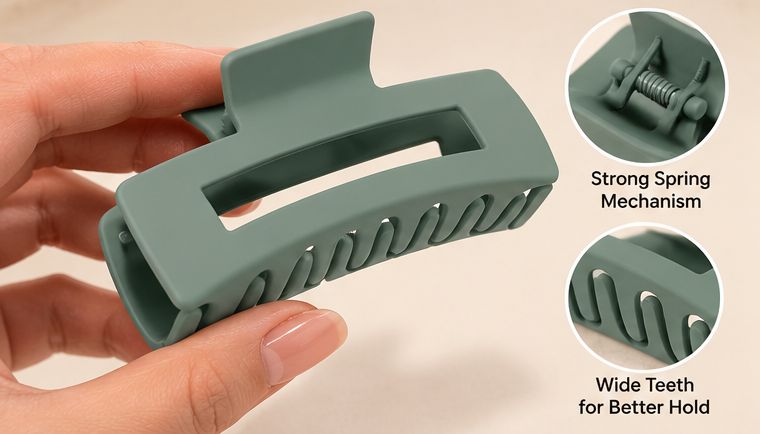 Close-up of sage green matte hair claw clip and spring