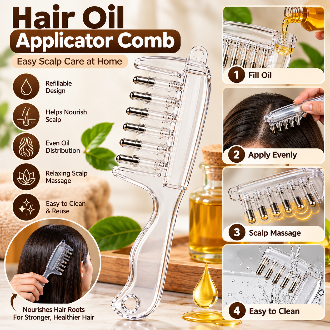 Refillable Hair Oil Comb – 6 Roller Ball Scalp Applicator