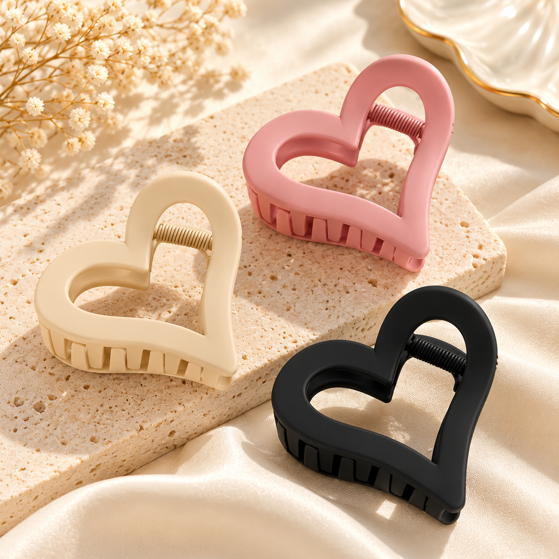 Heart-shaped hair claw clips in cream, pink and black on a beige background