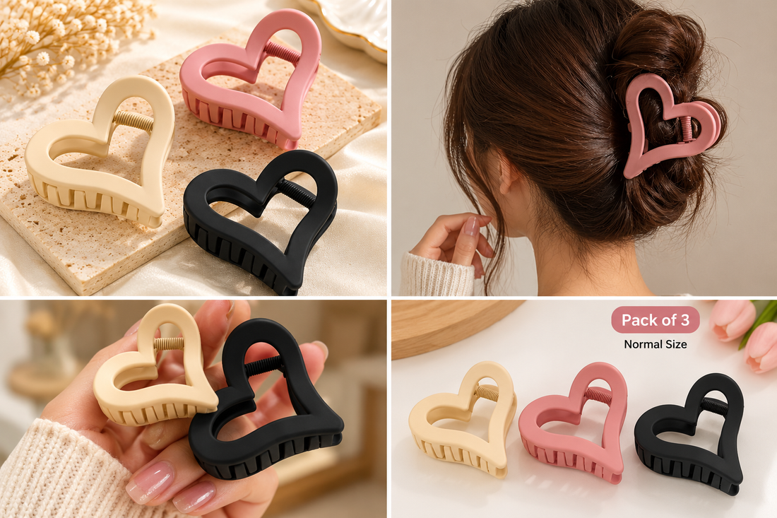 Heart-shaped hair claw clip worn in a hairstyle, pack of three
