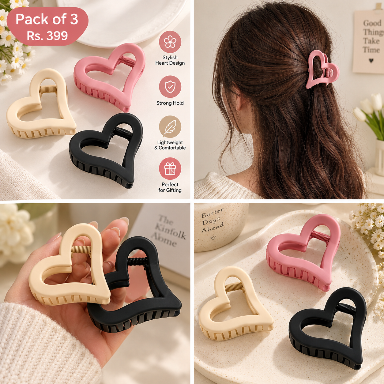 Pack of three heart-shaped claw clips, normal size, product lifestyle and detail