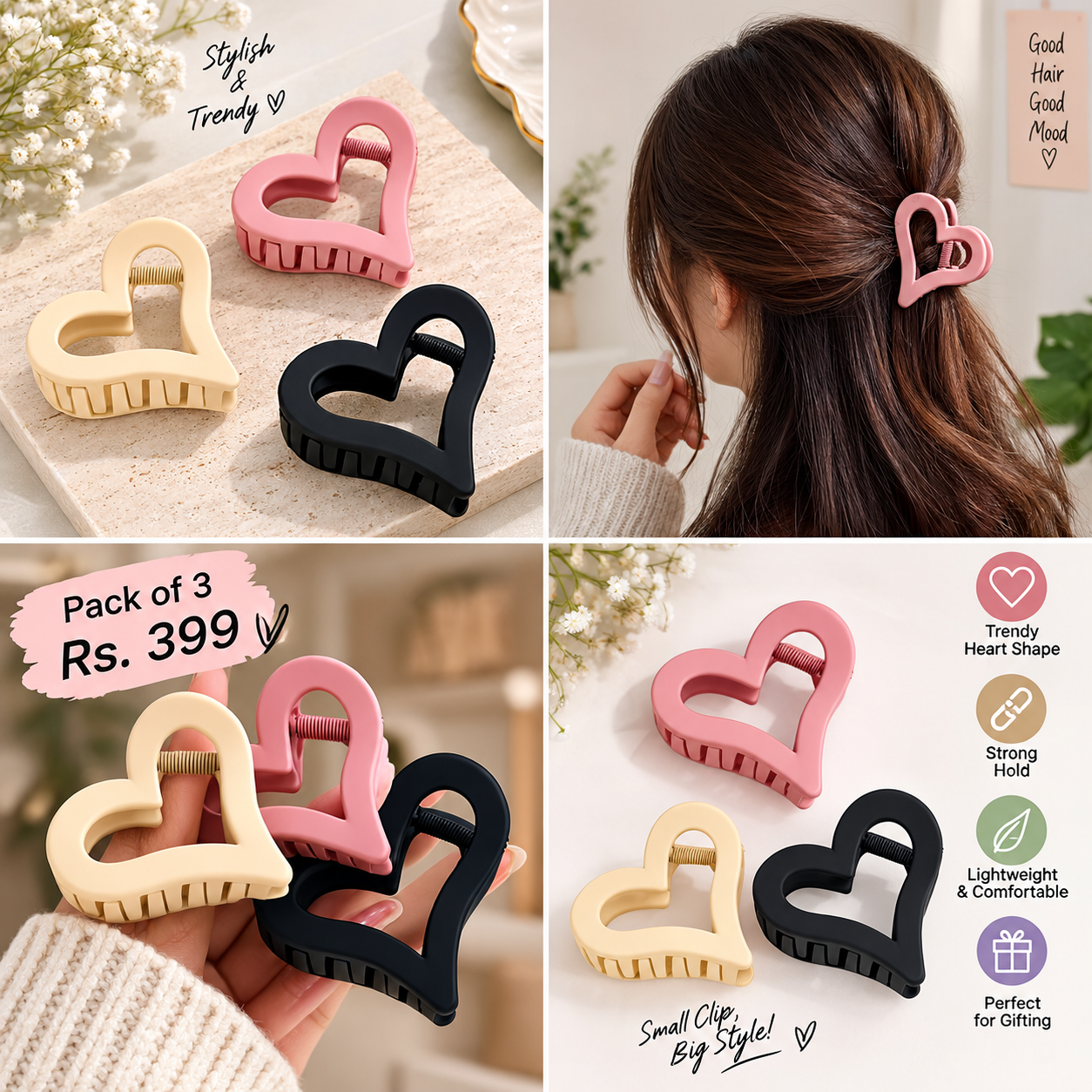 Heart-shaped claw clips pack of three with product features
