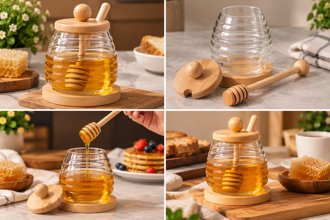 Glass Honey Storage Jar With Wooden Lid & Spoon