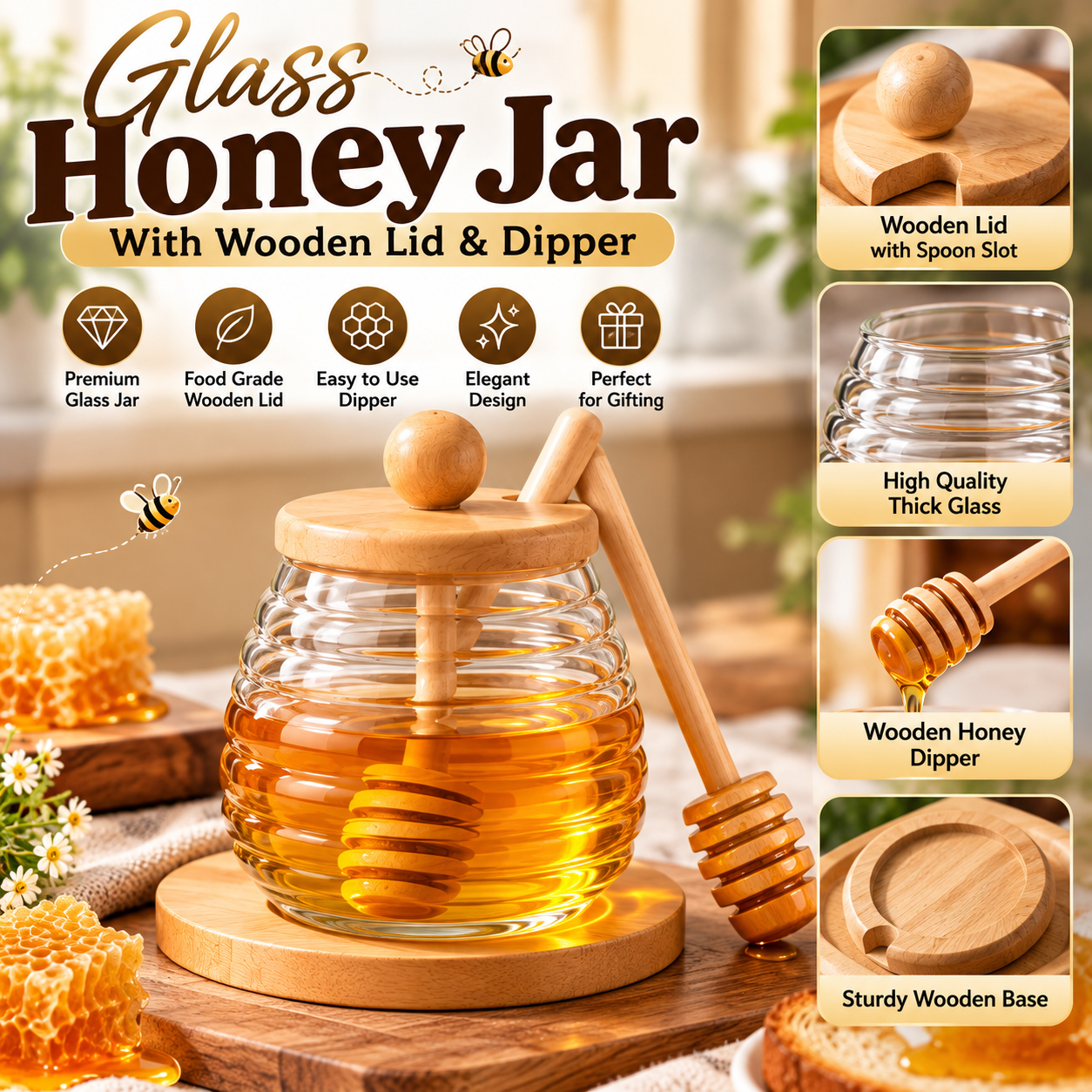 Glass Honey Storage Jar With Wooden Lid & Spoon