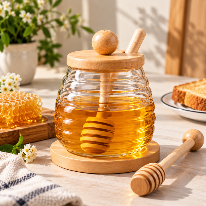 Glass Honey Storage Jar With Wooden Lid & Spoon