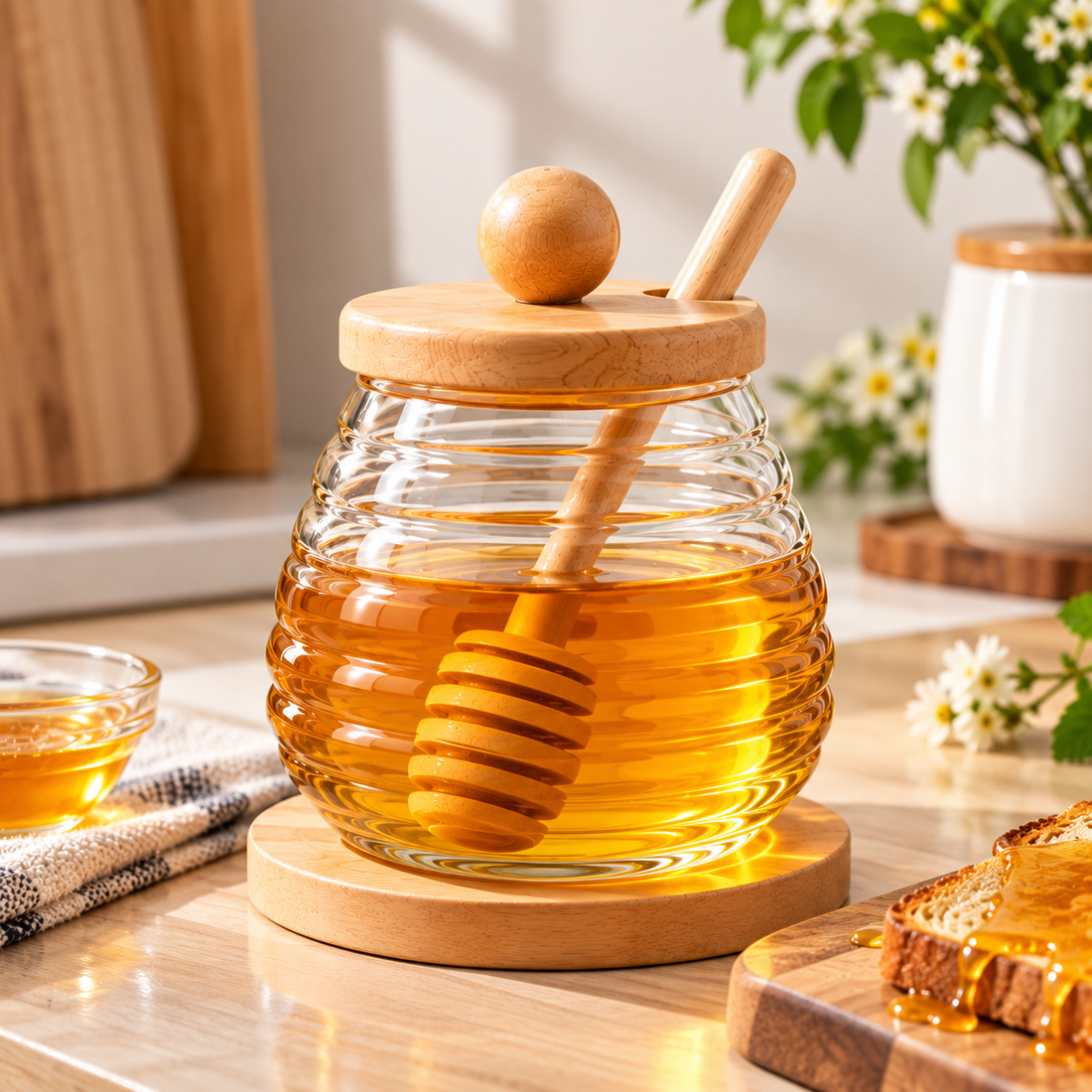 Glass Honey Storage Jar With Wooden Lid & Spoon