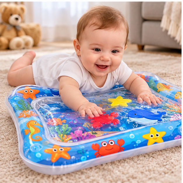 Baby enjoying inflatable water activity mat