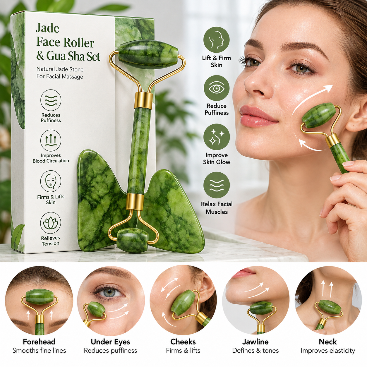 Jade Roller & Gua Sha Stone – Face Massage Set - MARKAZX MART