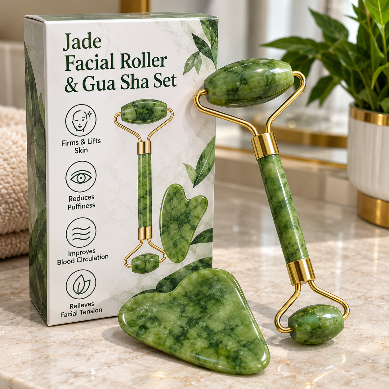 Jade Roller & Gua Sha Stone – Face Massage Set - MARKAZX MART