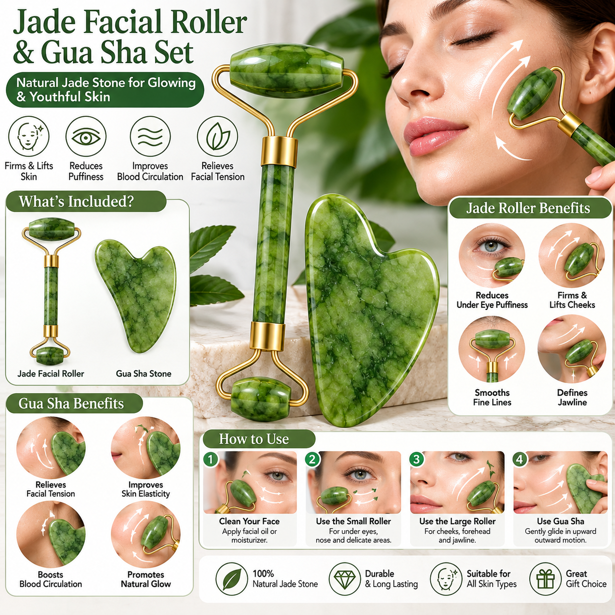 Jade Roller & Gua Sha Stone – Face Massage Set - MARKAZX MART