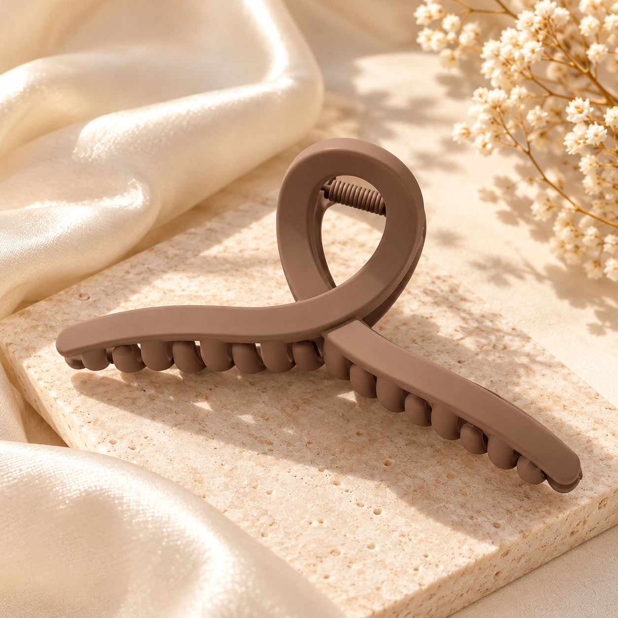 Close-up of taupe loop-shaped matte hair claw clip on a warm ivory background