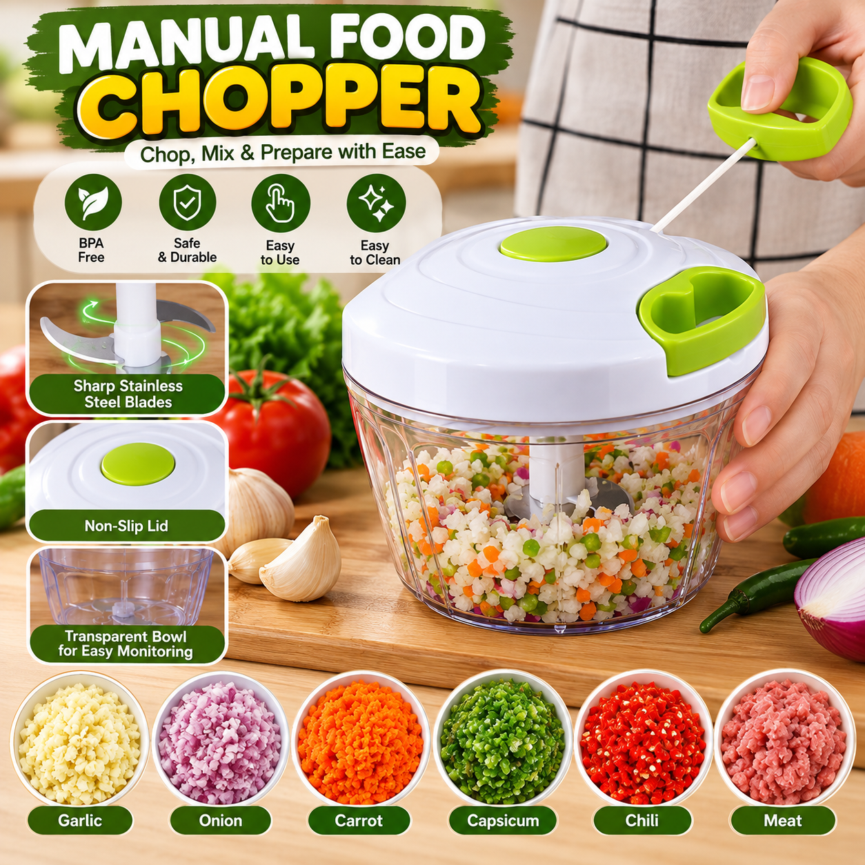 Speedy Manual Food Chopper – Multi-Purpose Vegetable Cutter - MARKAZX MART