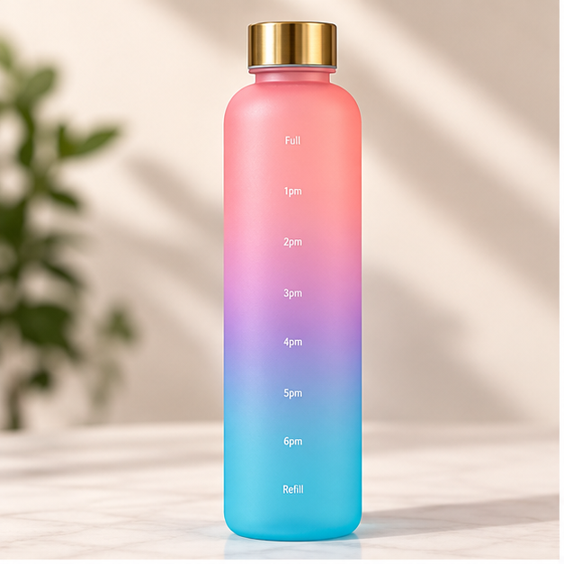 Motivational Time Marker 1L Water Bottle Pink Blue