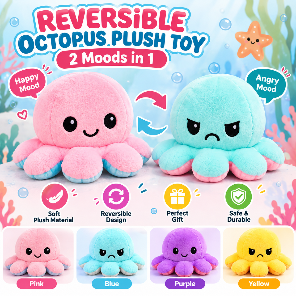 Dual Sided Octopus Plush Toy – Reversible Mood Change Toy - MARKAZX MART