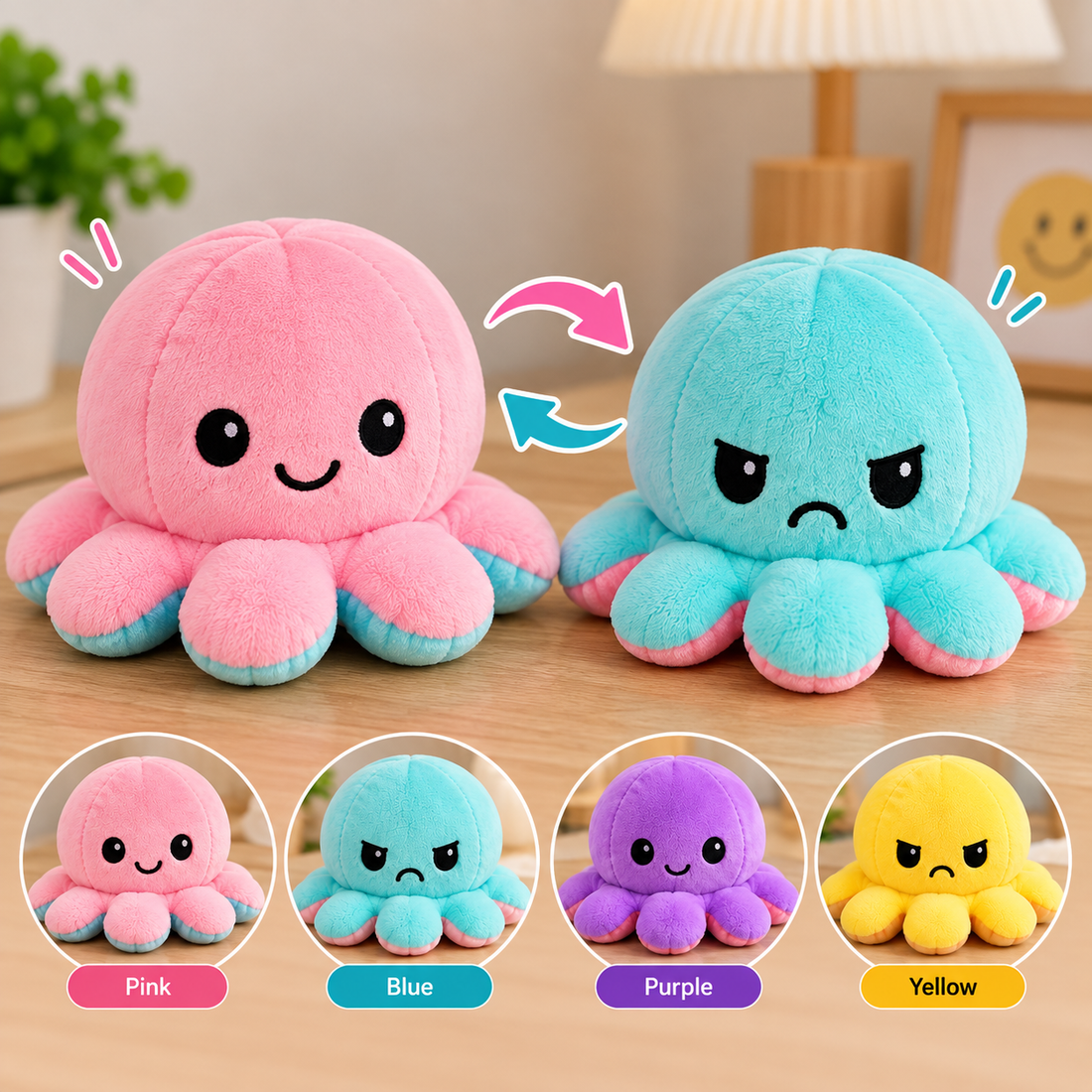 Dual Sided Octopus Plush Toy – Reversible Mood Change Toy - MARKAZX MART