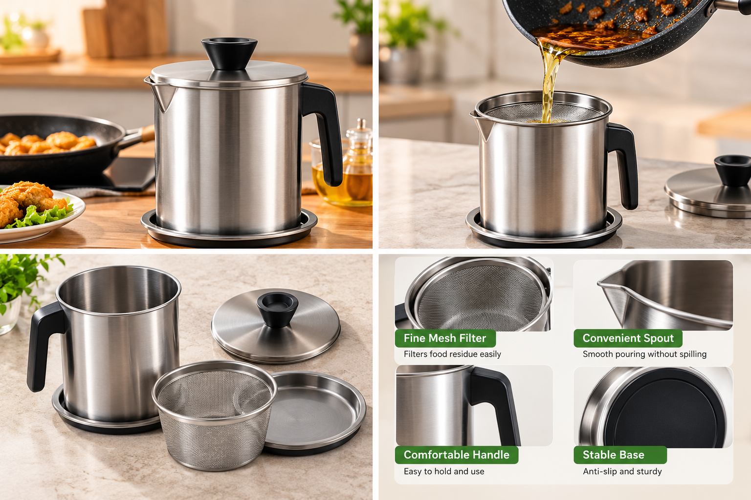 1.4L Stainless Steel Oil Filter Pot – Kitchen Oil Strainer – product image 2