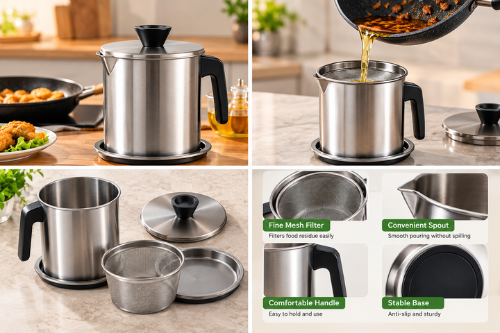 1.4L Stainless Steel Oil Filter Pot – Kitchen Oil Strainer – product image 2