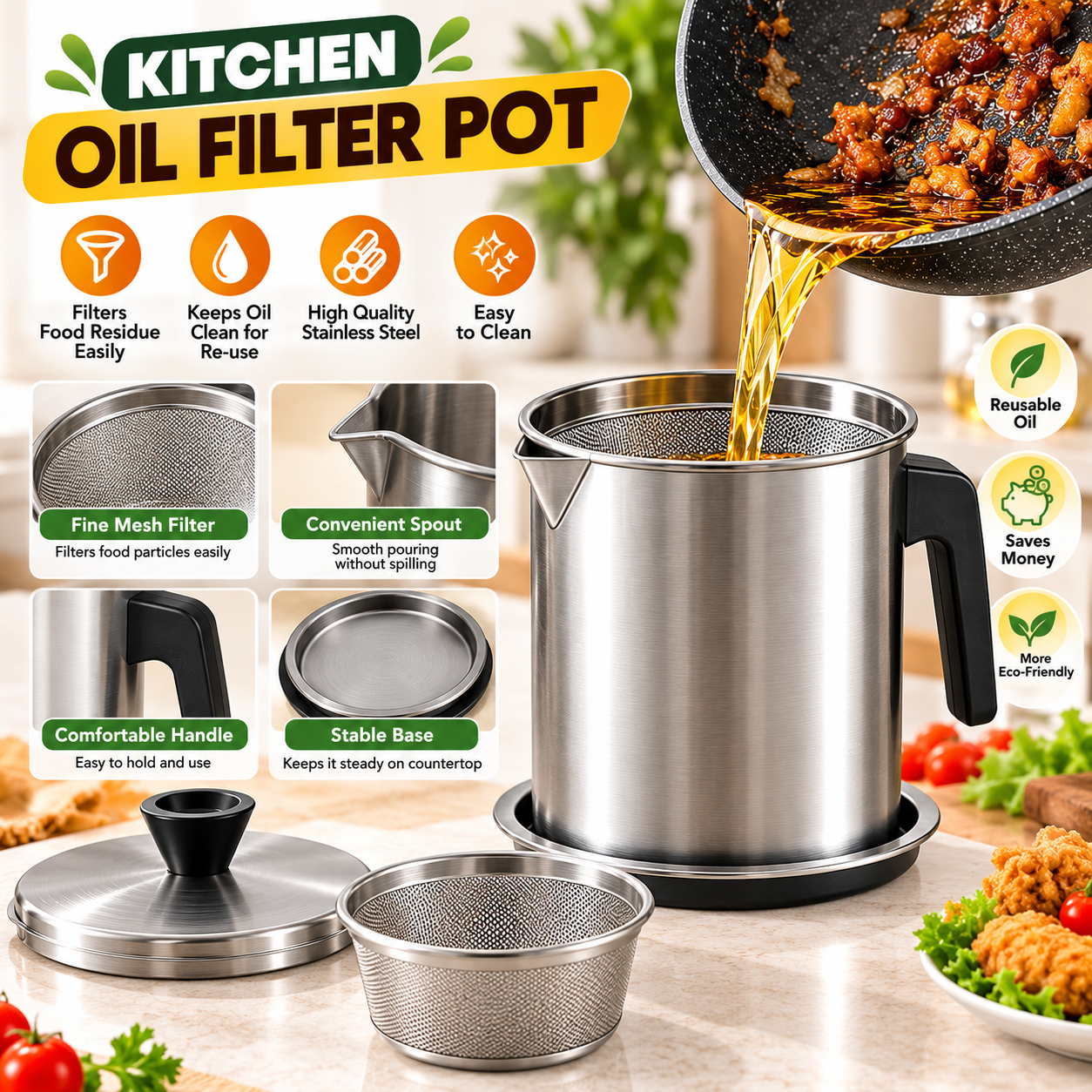 1.4L Stainless Steel Oil Filter Pot – Kitchen Oil Strainer – product image 3