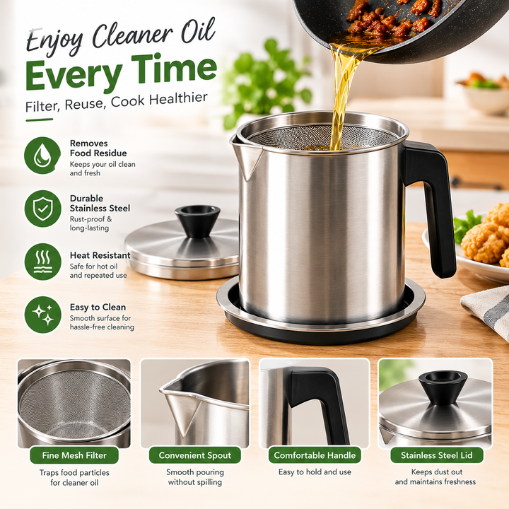 1.4L Stainless Steel Oil Filter Pot – Kitchen Oil Strainer – product image 1