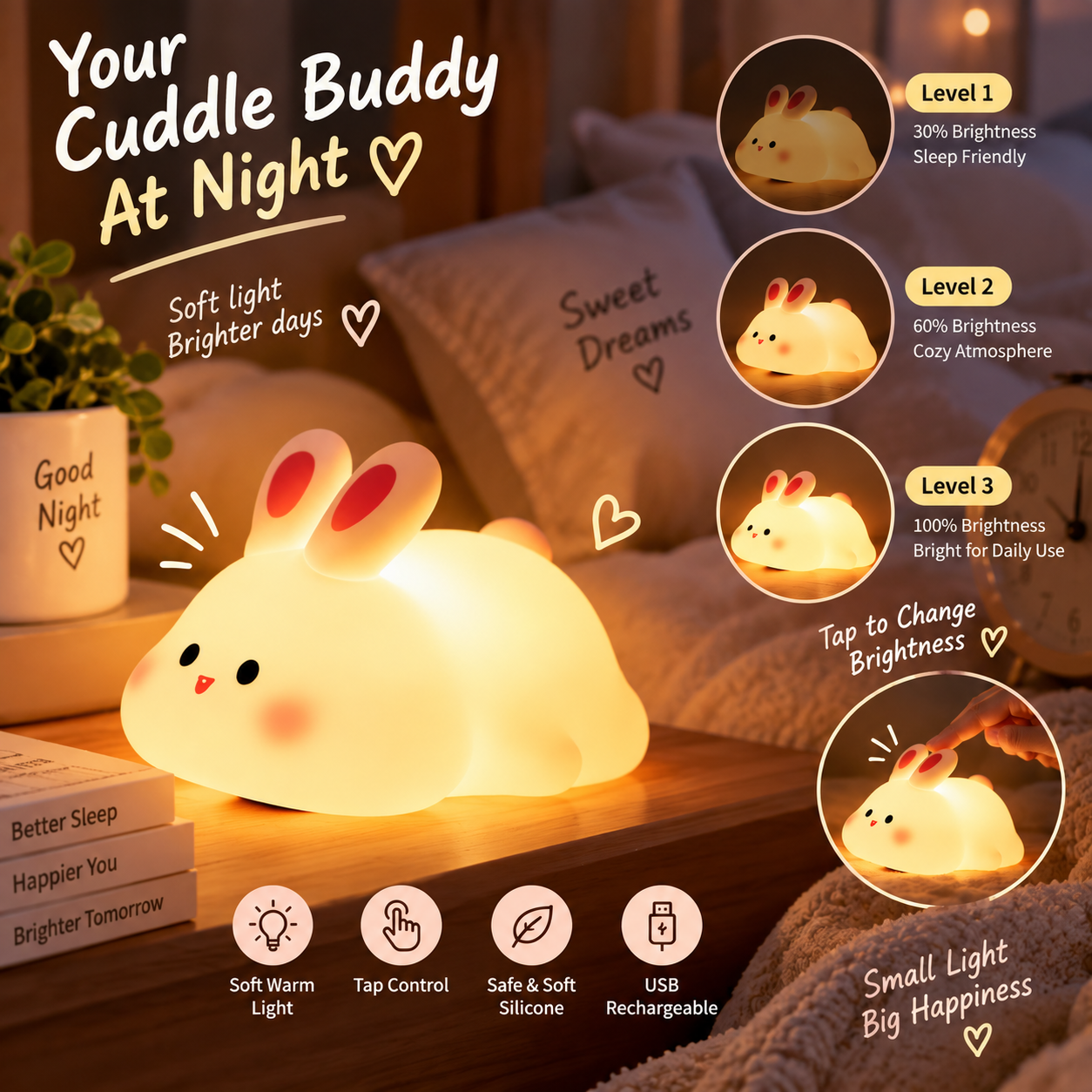 Cute Silicone Rabbit Night Lamp – Soft Touch Kids Bedside Light - MARKAZX MART
