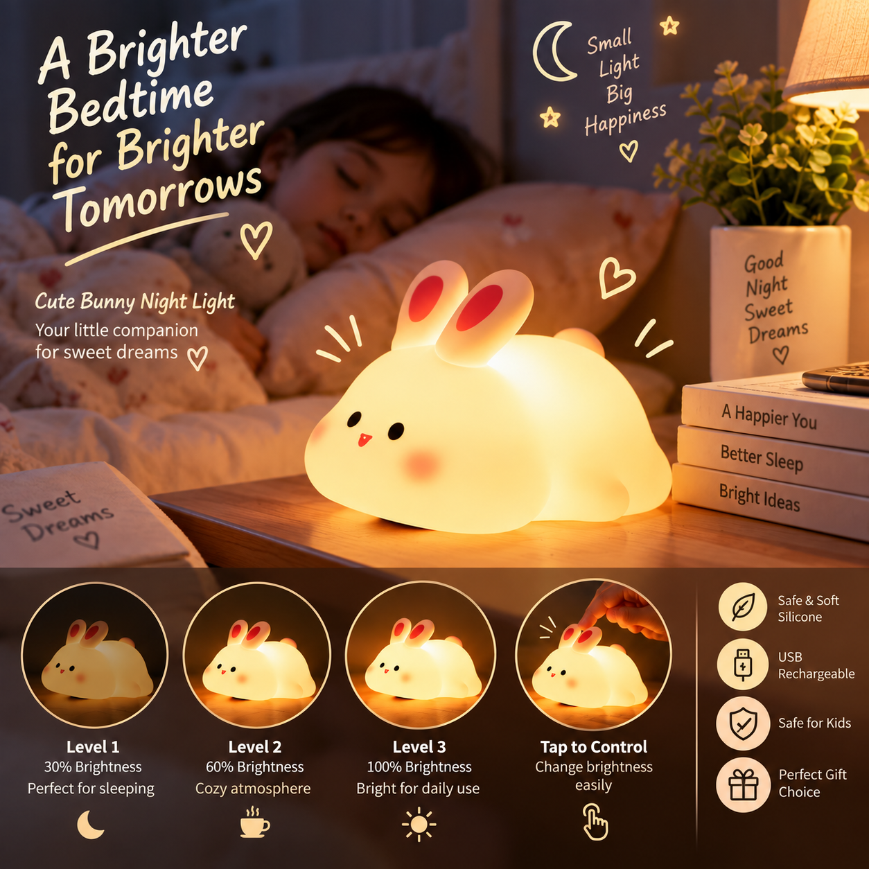 Cute Silicone Rabbit Night Lamp – Soft Touch Kids Bedside Light - MARKAZX MART
