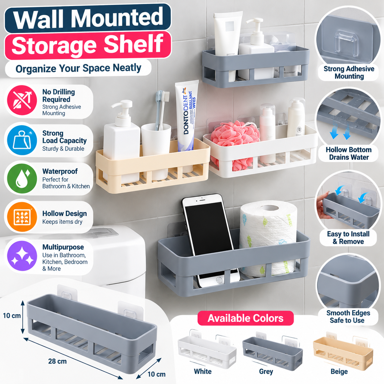 1Pcs Rectangle Wall Mounted Shelf – Bathroom & Kitchen - MARKAZX MART