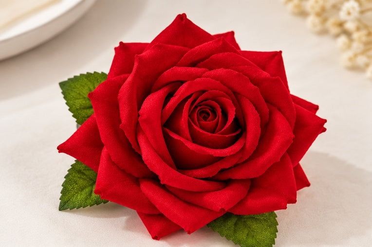 Red rose flower bun catcher product close-up
