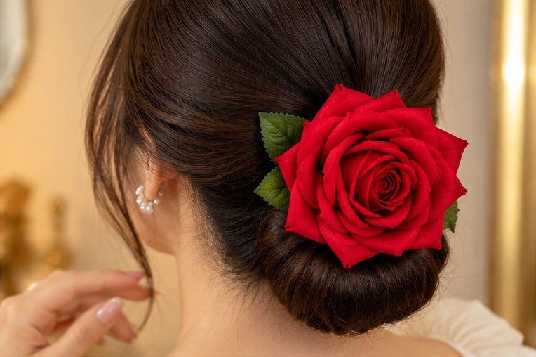 Red rose flower bun catcher styled in a hair bun