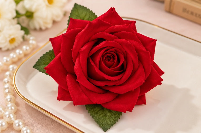 Red rose flower bun catcher on an elegant tray
