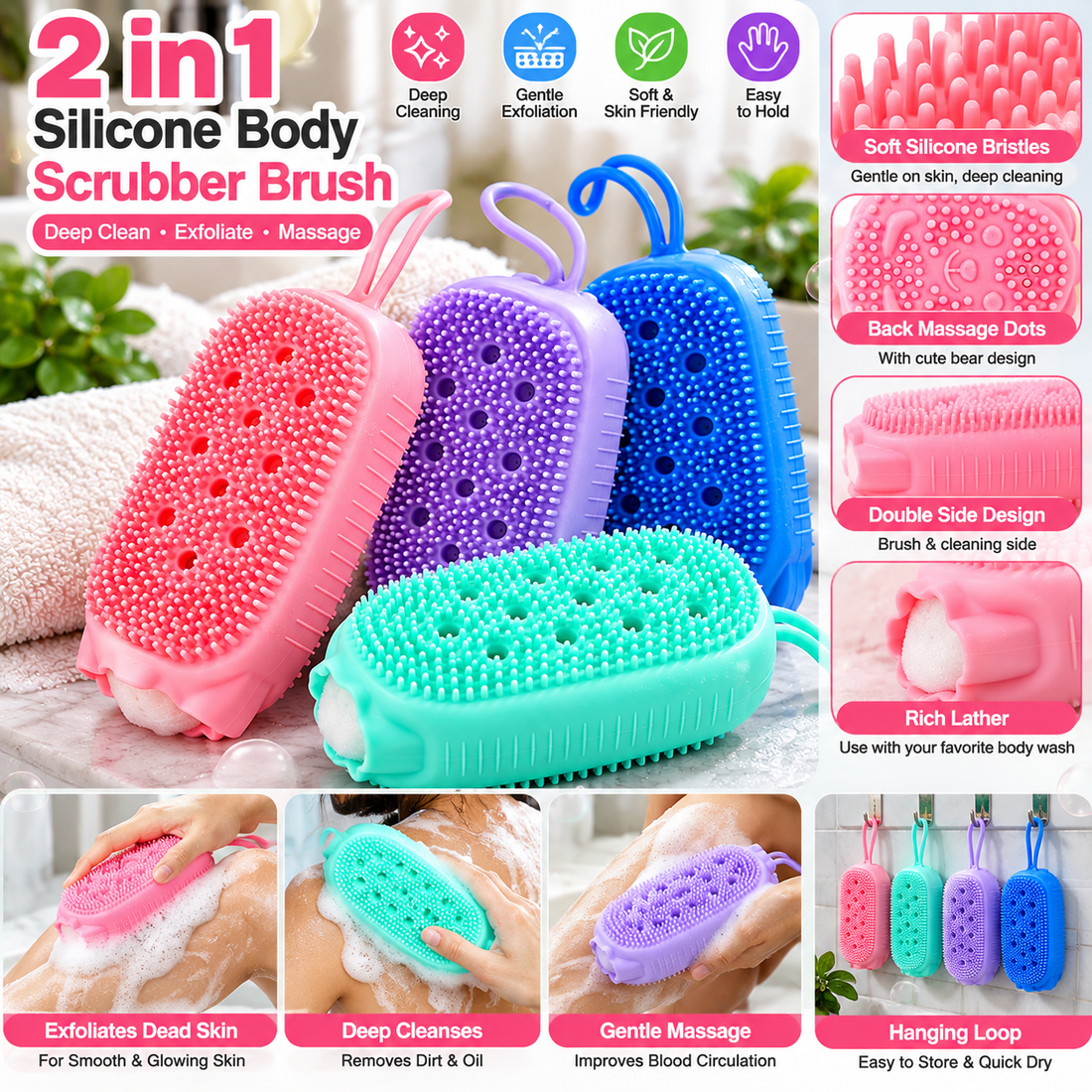 Silicone Body Scrubber Shower Scrub Sponge - MARKAZX MART