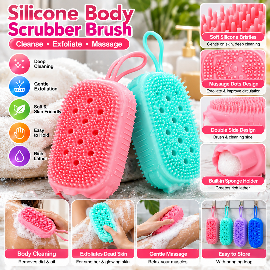 Silicone Body Scrubber Shower Scrub Sponge - MARKAZX MART