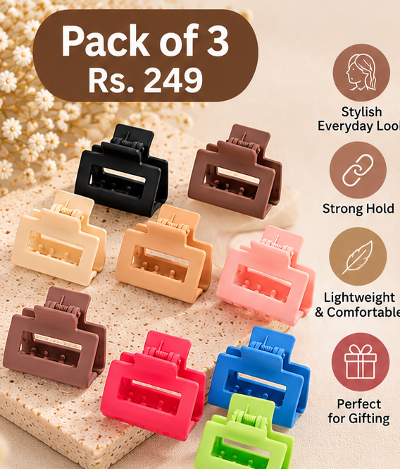 Small rectangular claw clips arranged in assorted colors on a neutral display
