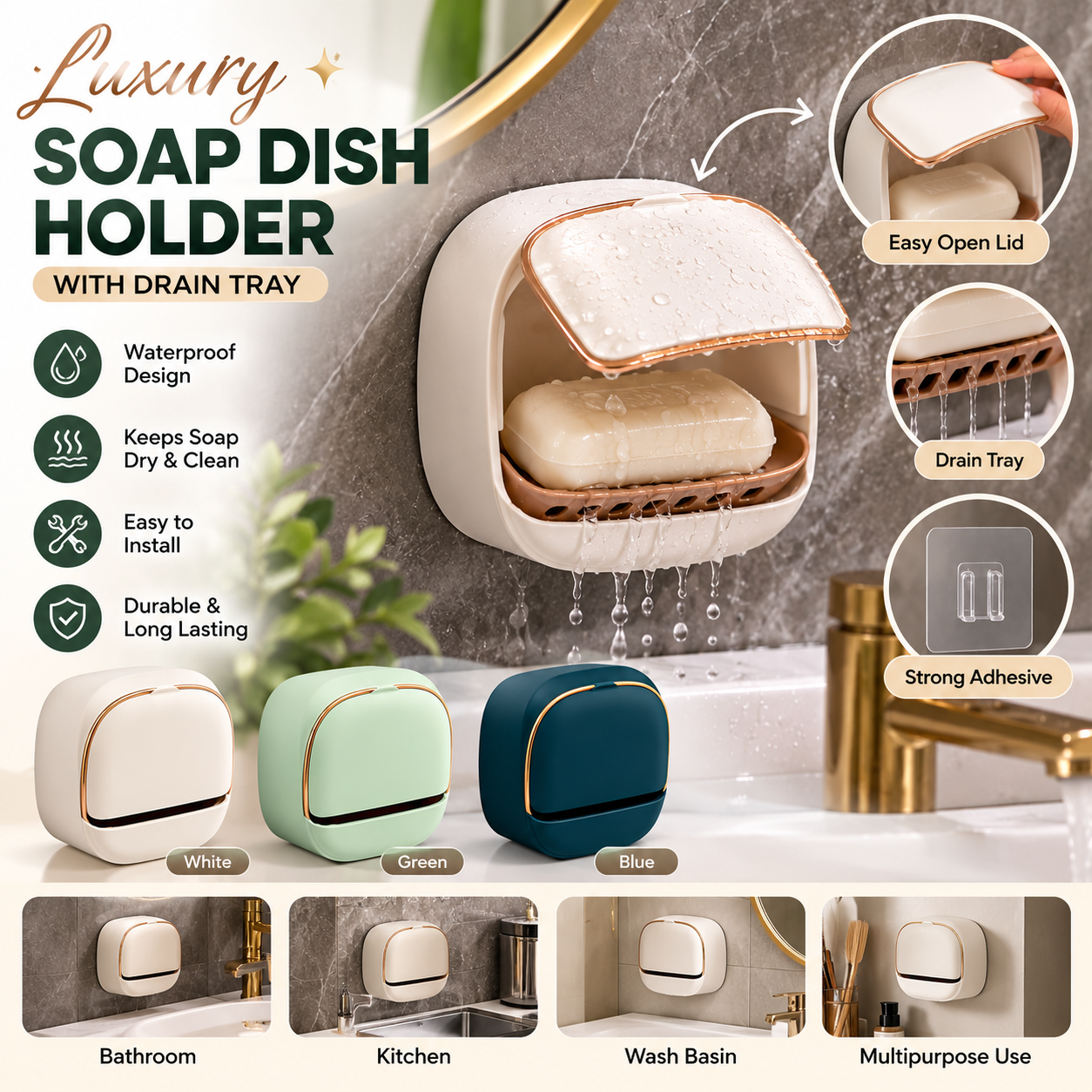Luxury Waterproof Soap Dish Holder With Drain Tray – product image 5