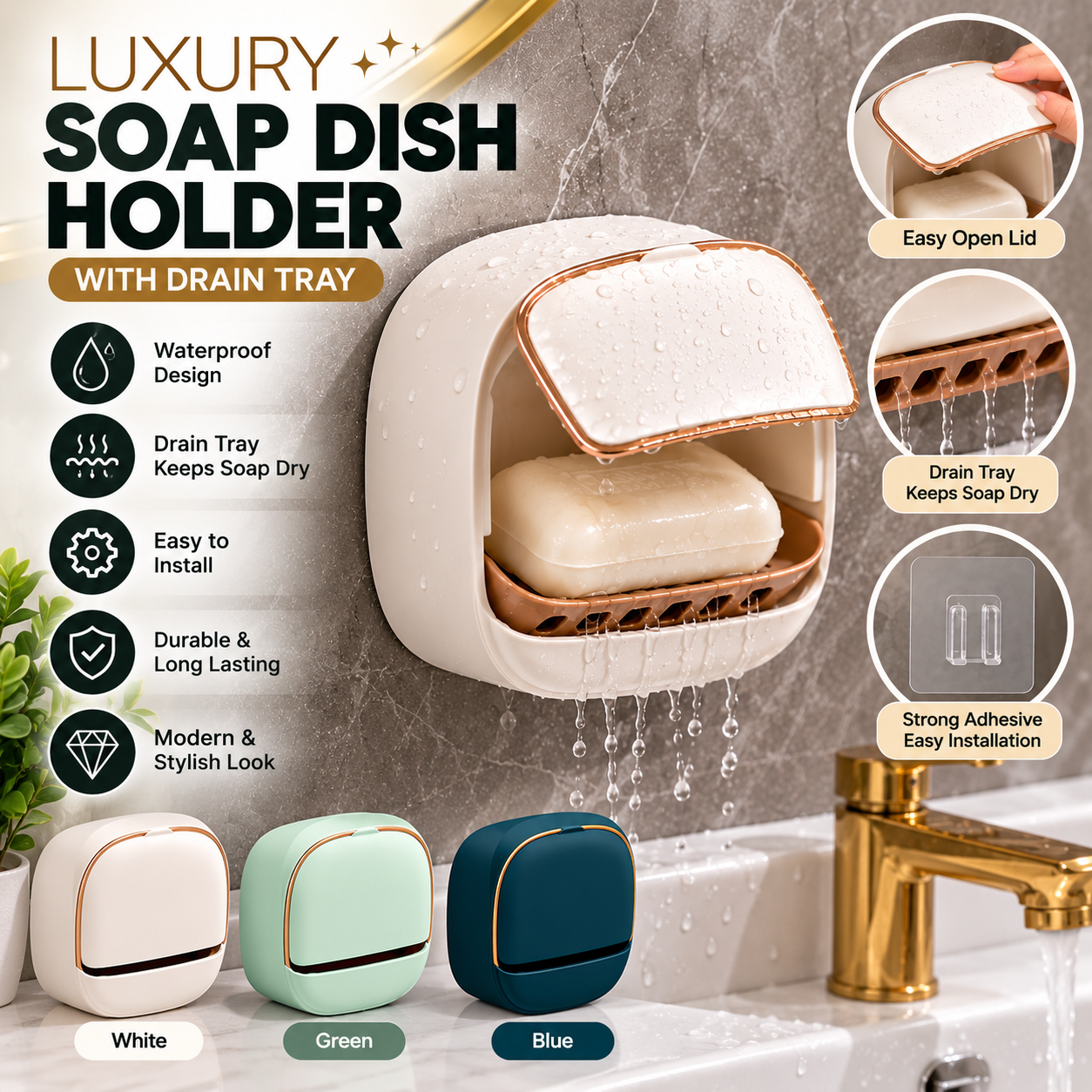 Luxury Waterproof Soap Dish Holder With Drain Tray – product image 3