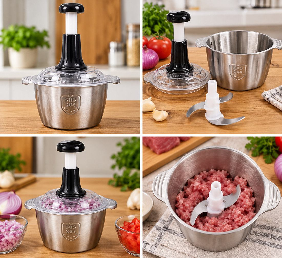 2.0L Push Chopper – 4 Stainless Steel Blades & Steel Bowl - MARKAZX MART