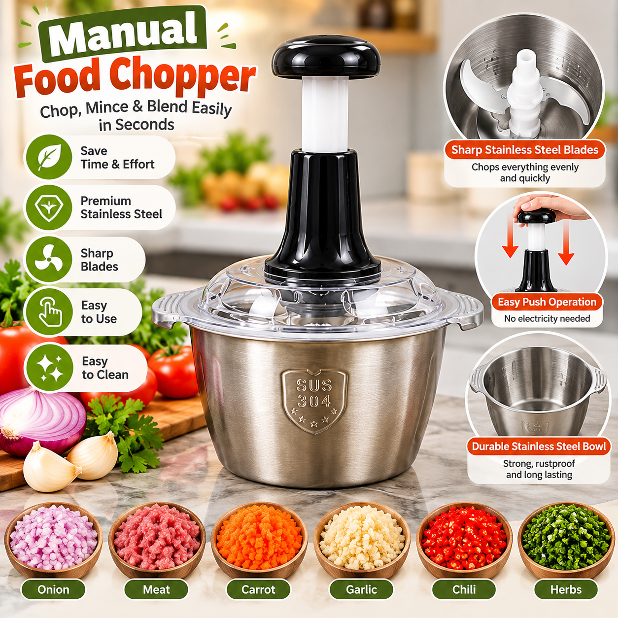 2.0L Push Chopper – 4 Stainless Steel Blades & Steel Bowl - MARKAZX MART