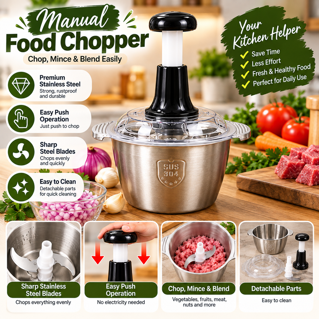 2.0L Push Chopper – 4 Stainless Steel Blades & Steel Bowl - MARKAZX MART