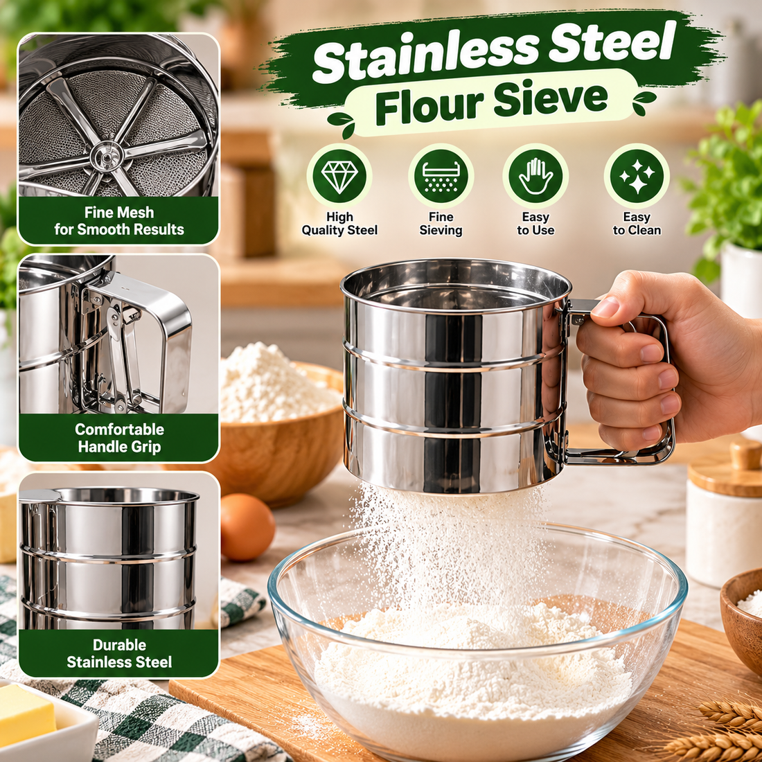 Stainless Steel Flour Sifter – Handheld Cup Strainer – product image 4