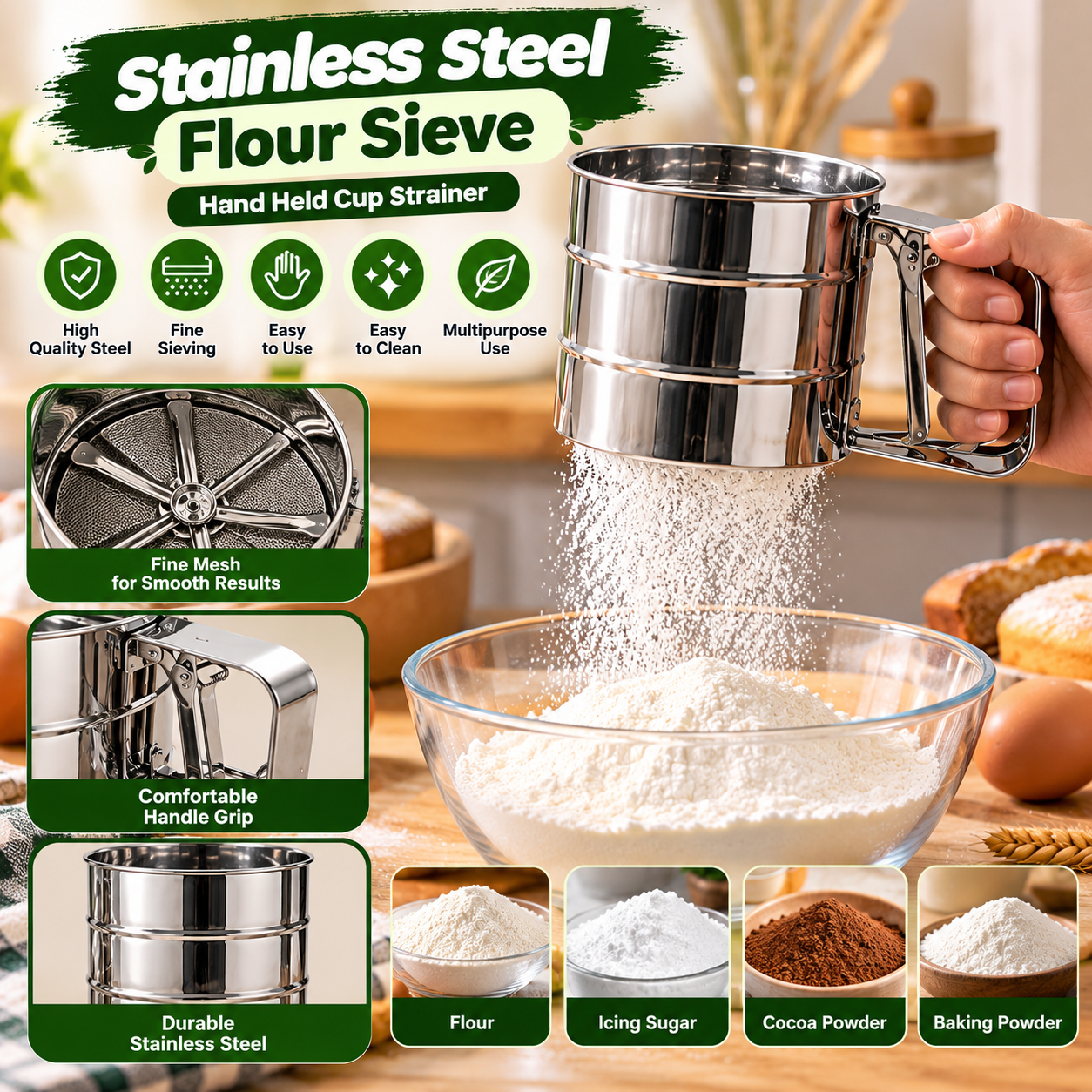 Stainless Steel Flour Sifter – Handheld Cup Strainer – product image 3