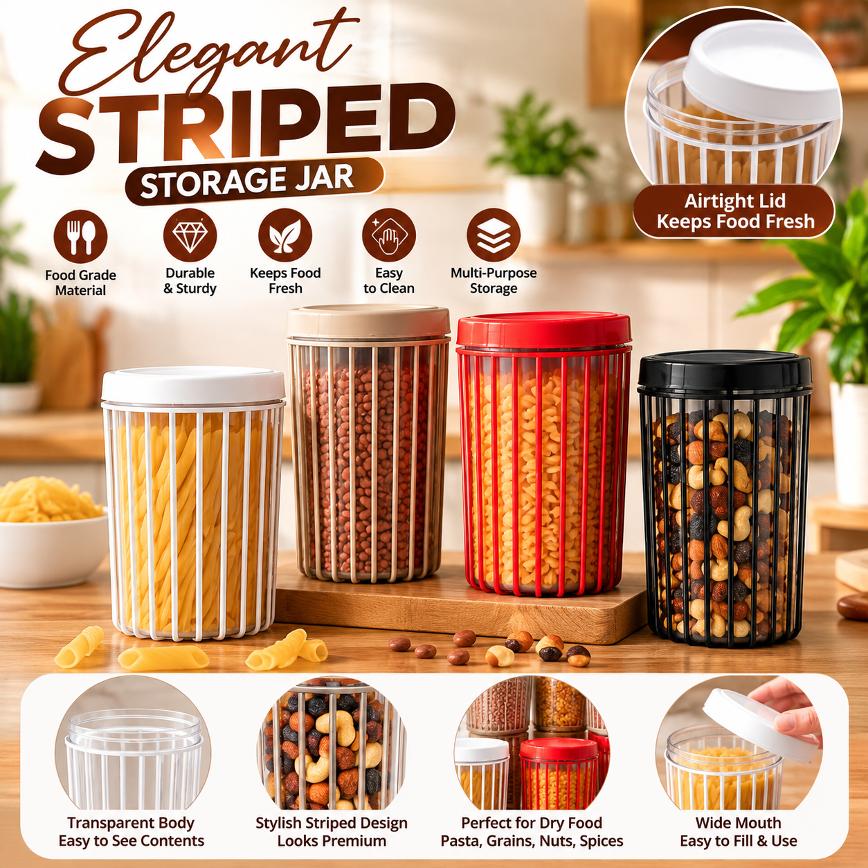 3Pcs Food Storage Stripe Jar Set – Kitchen Storage Containers