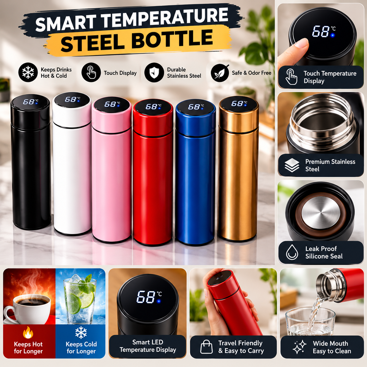 500ML Reusable Stainless Steel Water Bottle