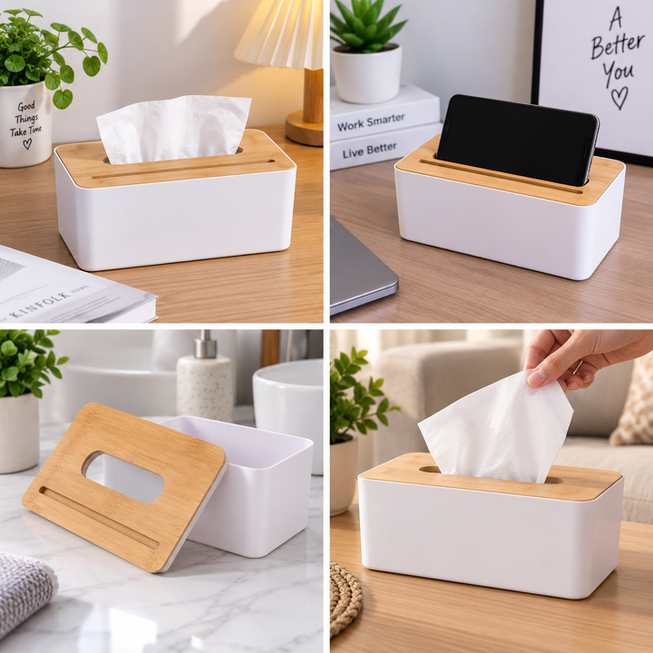 Modern Desktop Tissue Holder with Wooden Lid - MARKAZX MART