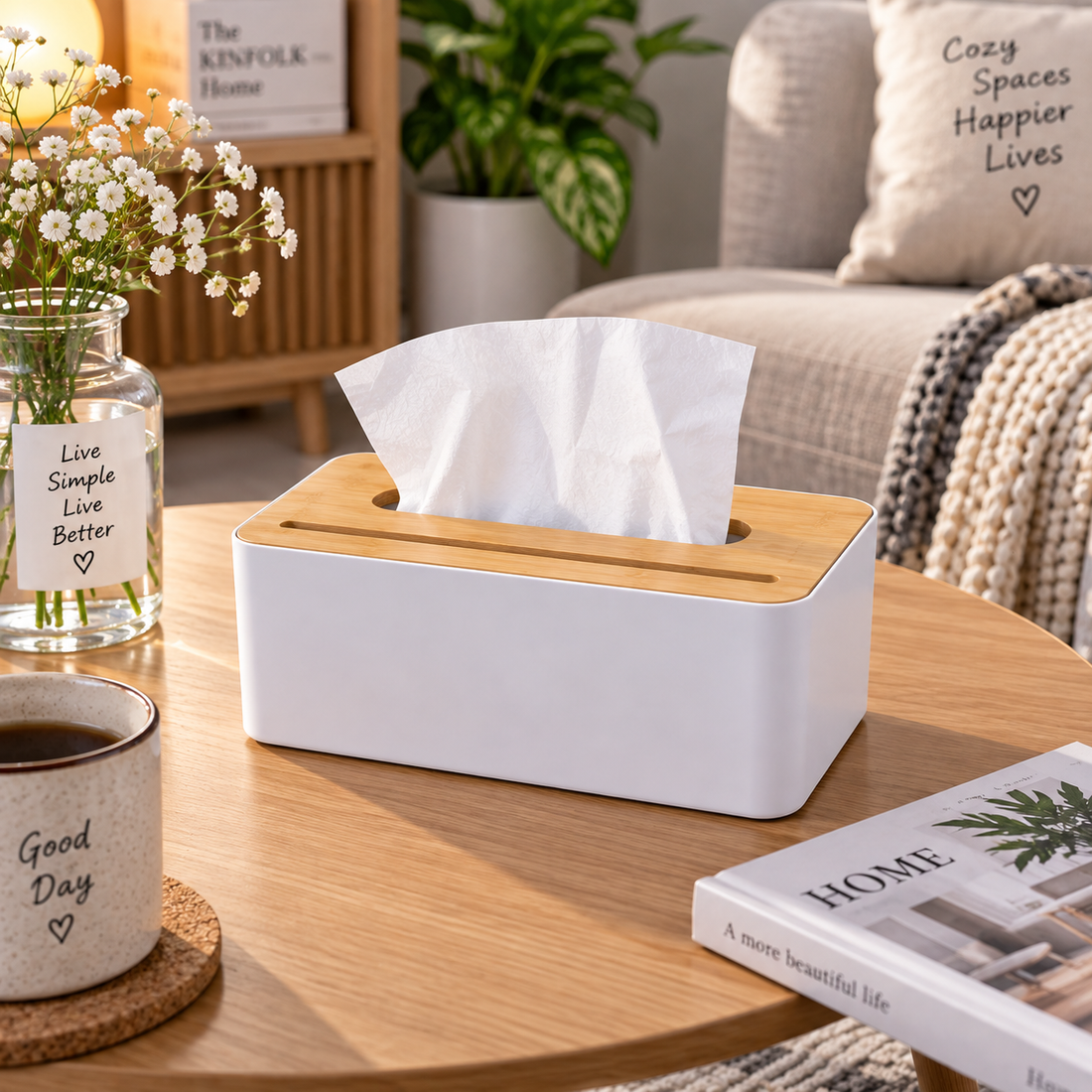 Modern Desktop Tissue Holder with Wooden Lid - MARKAZX MART