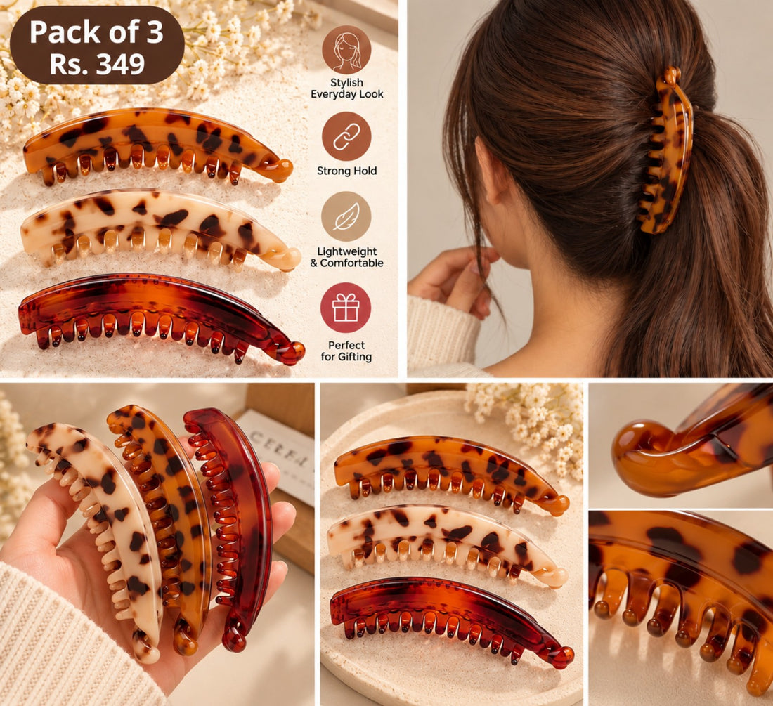 Pack of 3 tortoiseshell banana hair clips lifestyle collage with Rs. 349 price and styling details